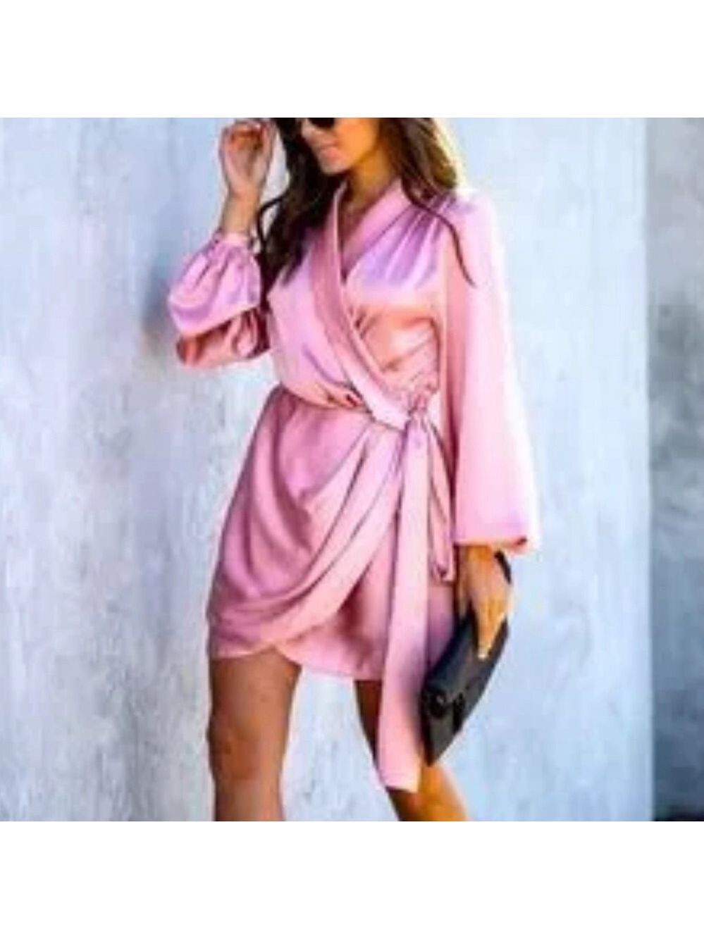 Vici blush pink satin Miss miseltoe long sleeve belted wrap dress medium